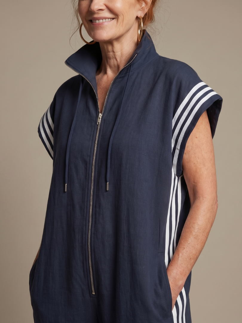 Jivonne™ | Zip Front Stripe Panel Jumpsuit