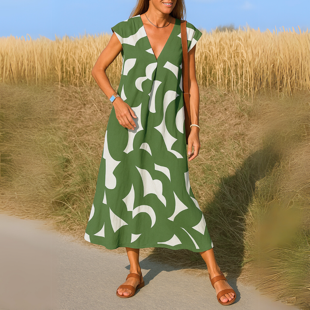 Marceline™ | Abstract Print V-Neck Maxi Dress