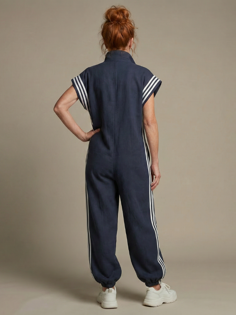 Jivonne™ | Zip Front Stripe Panel Jumpsuit
