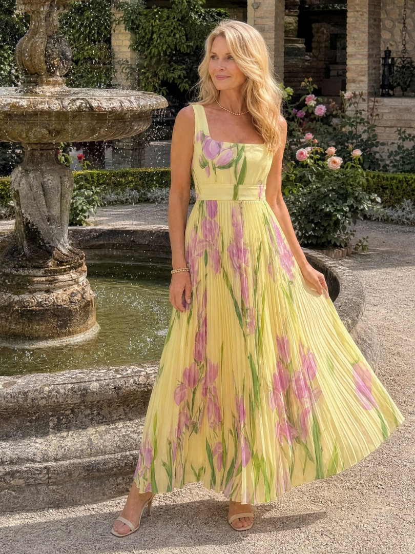 Glorine™ | Sleeveless Floral Pleated Maxi Dress with Square Neckline