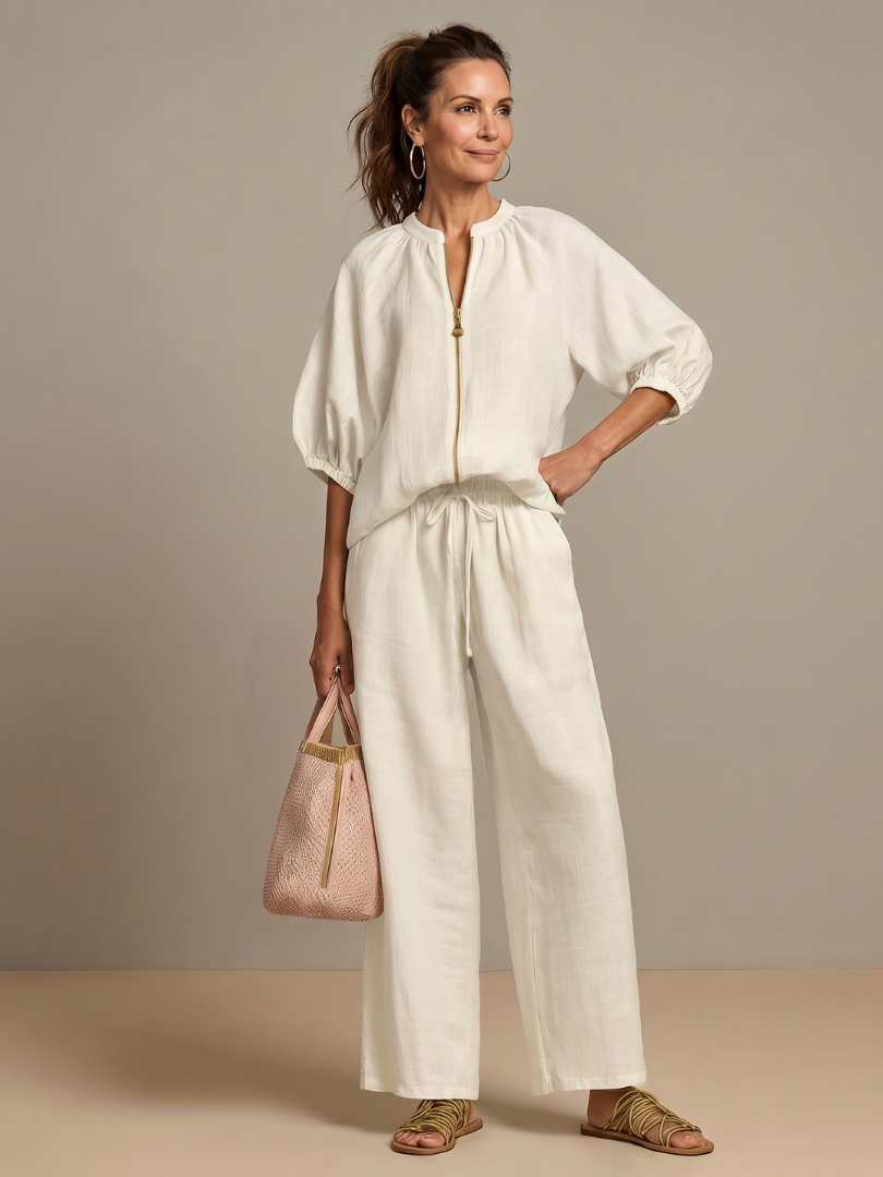 Isadora™ | Zip Front Blouson Top Wide Leg Set
