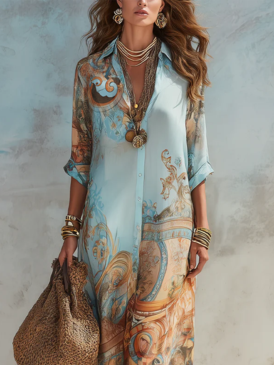 Tessamine™ | Baroque Floral Print Maxi Shirt Dress