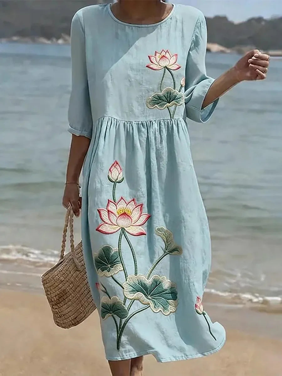 Vondella™ | Lotus Floral Embroidered Midi Dress