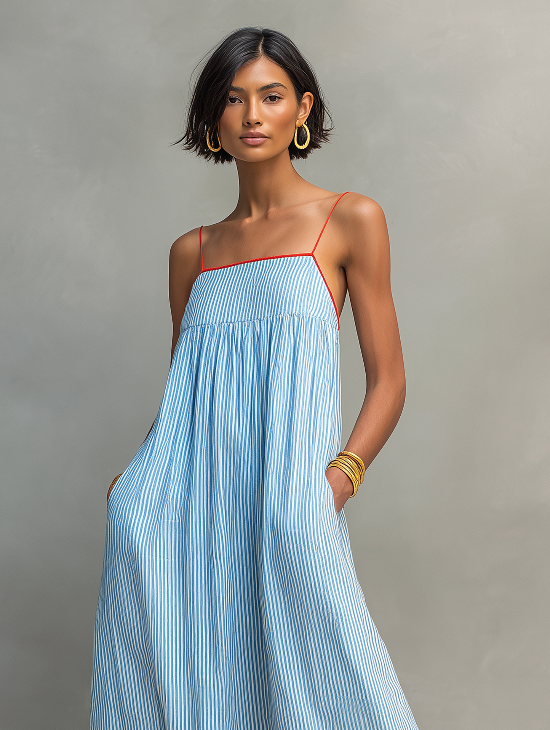 Saffron™ | Striped Maxi Dress with Red Trim and Spaghetti Straps
