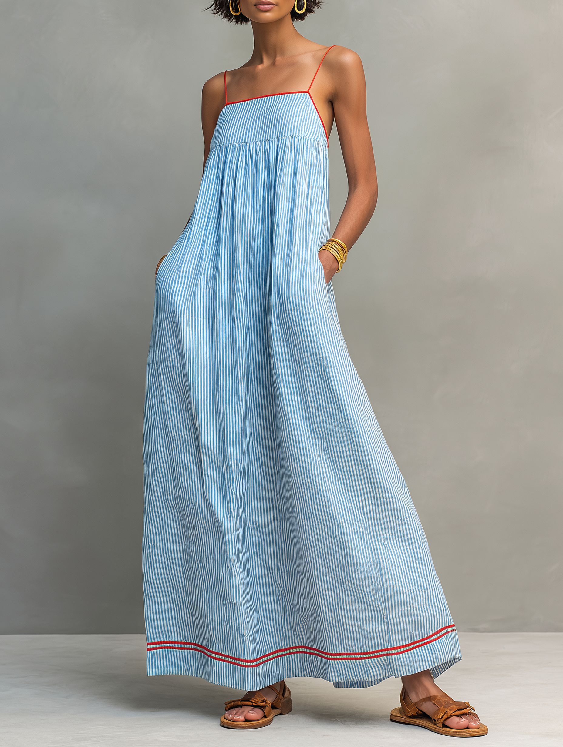 Saffron™ | Striped Maxi Dress with Red Trim and Spaghetti Straps
