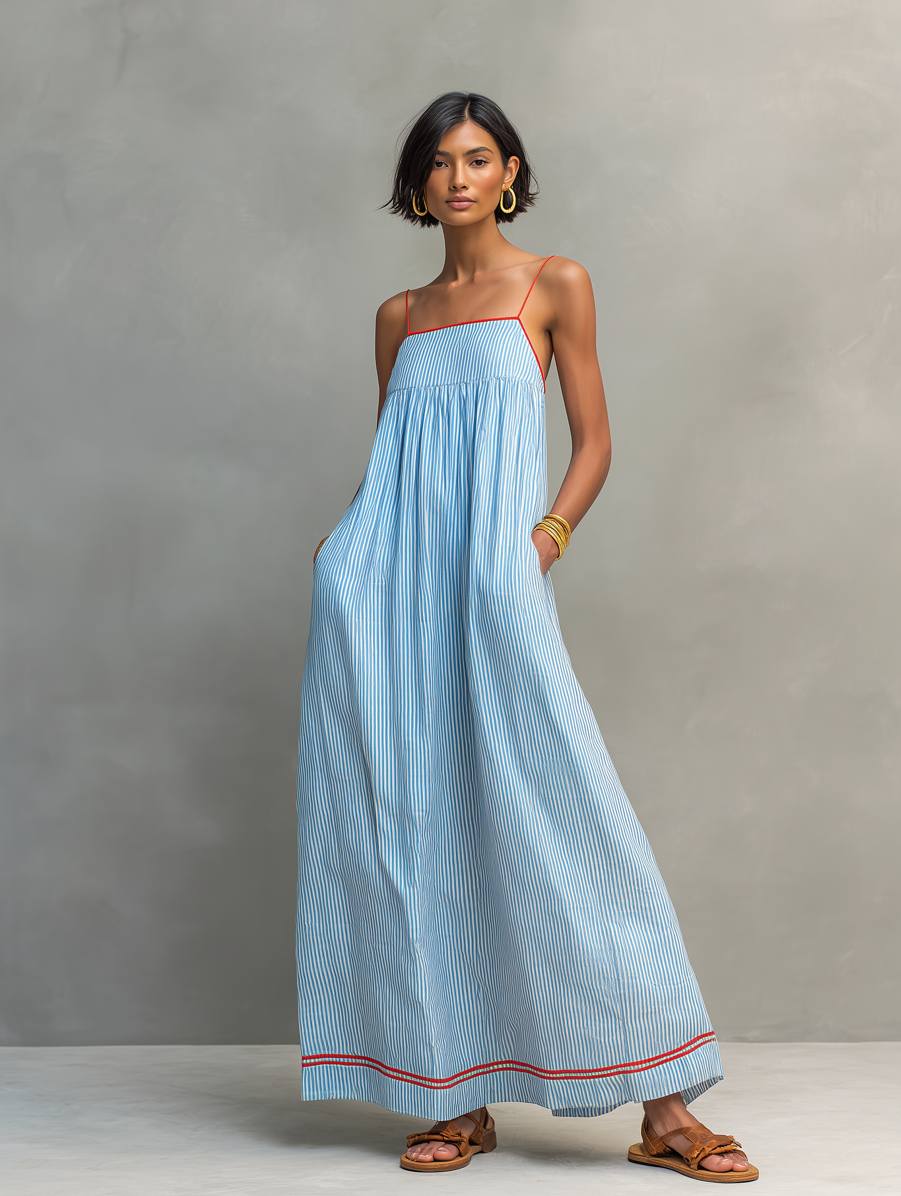 Saffron™ | Striped Maxi Dress with Red Trim and Spaghetti Straps