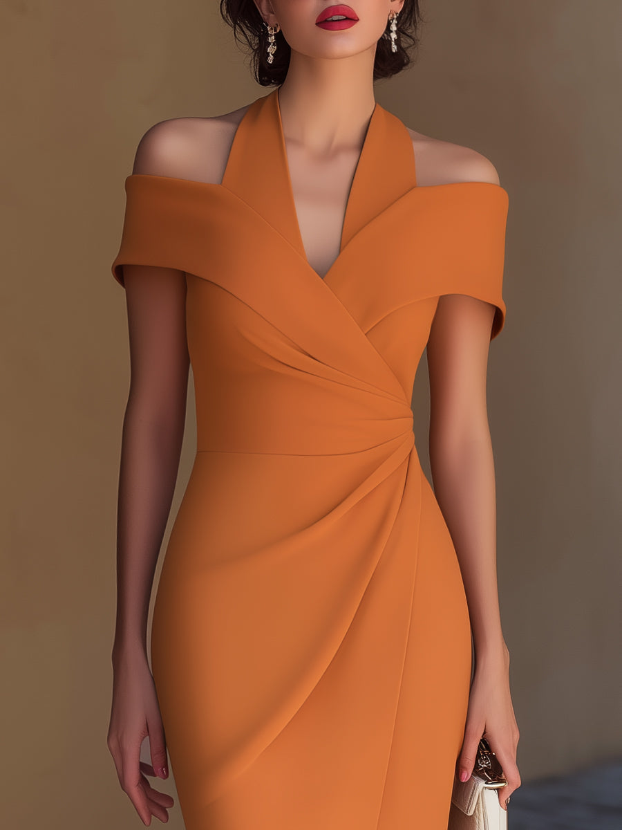 Verena™ | Off-Shoulder Halter Midi Dress with Ruching