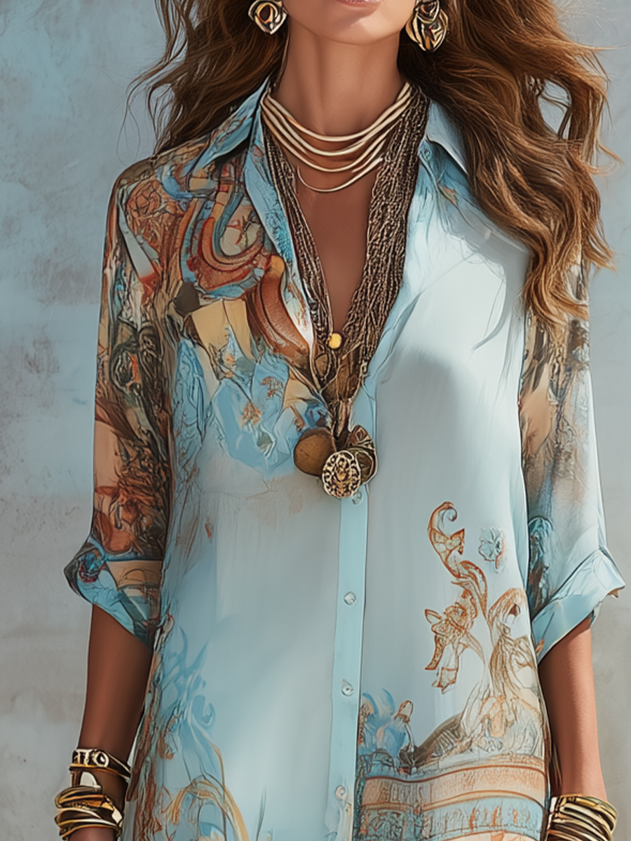 Oriana™ | Baroque Floral Blue Maxi Shirt Dress
