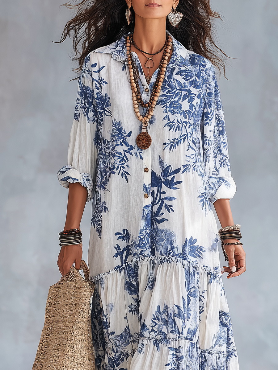Tuscany™ | Bohemian Blue Floral Button-Down Tiered Maxi Dress