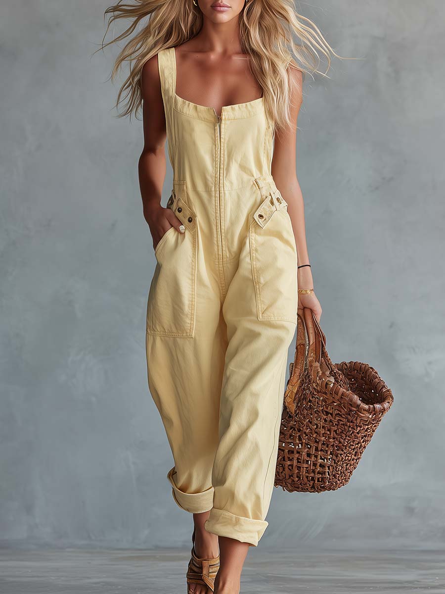 Corinne™ | Casual Retro Square Neck Front Zipper Jumpsuit