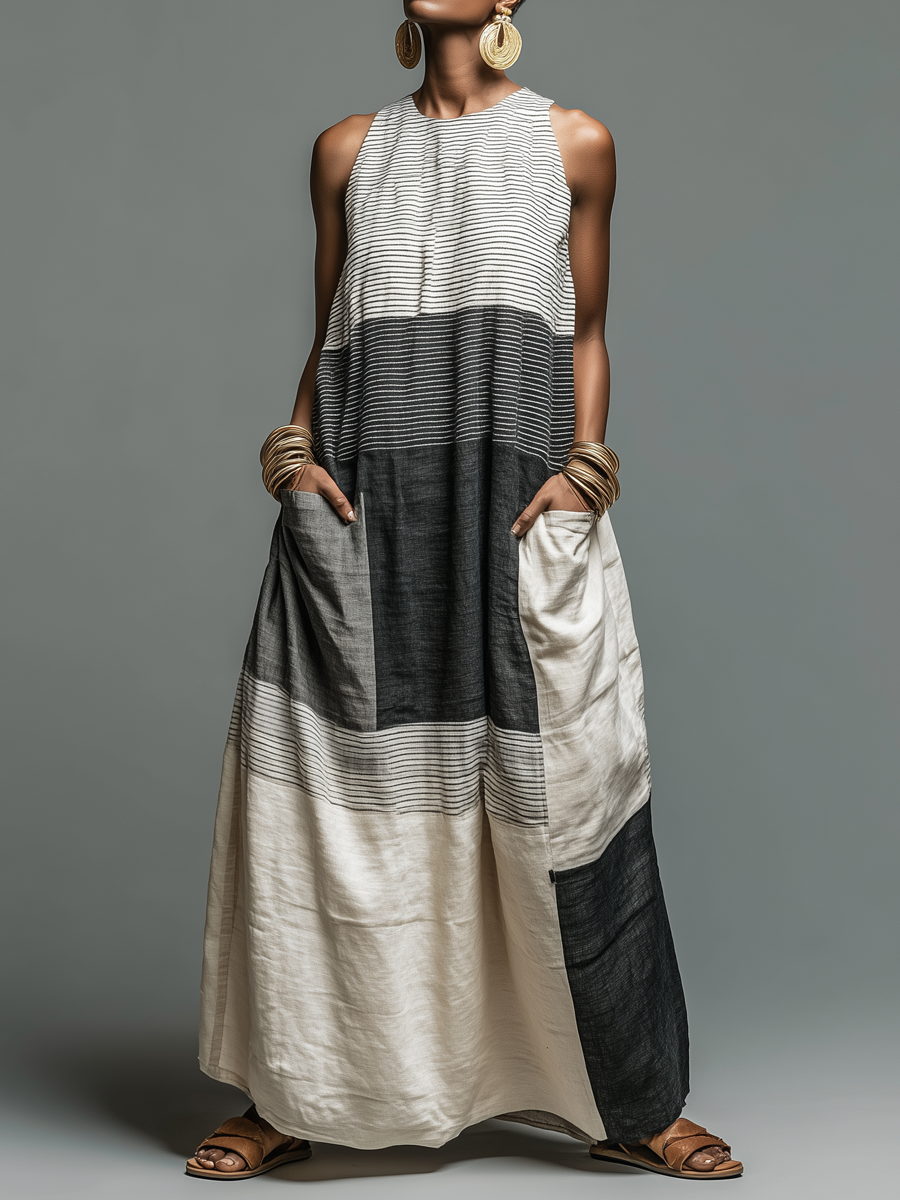 Vashara™ | Color Block Striped Sleeveless Maxi Dress With Pockets