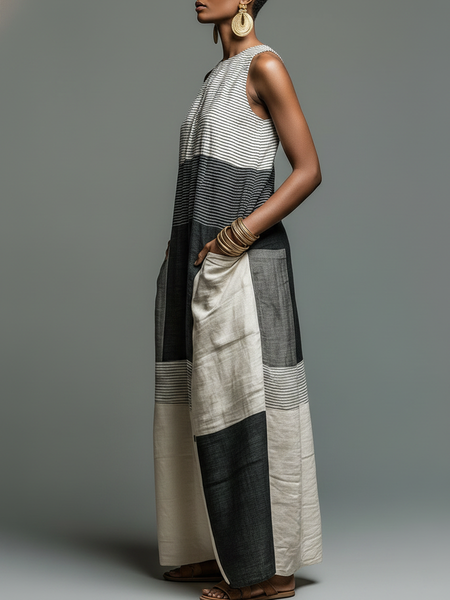 Vashara™ | Color Block Striped Sleeveless Maxi Dress With Pockets