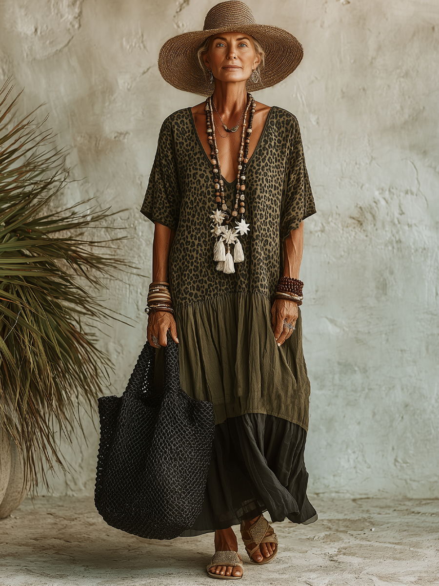 Indira™ | Spliced Leopard Print V-Neck Short-Sleeve Maxi Dress