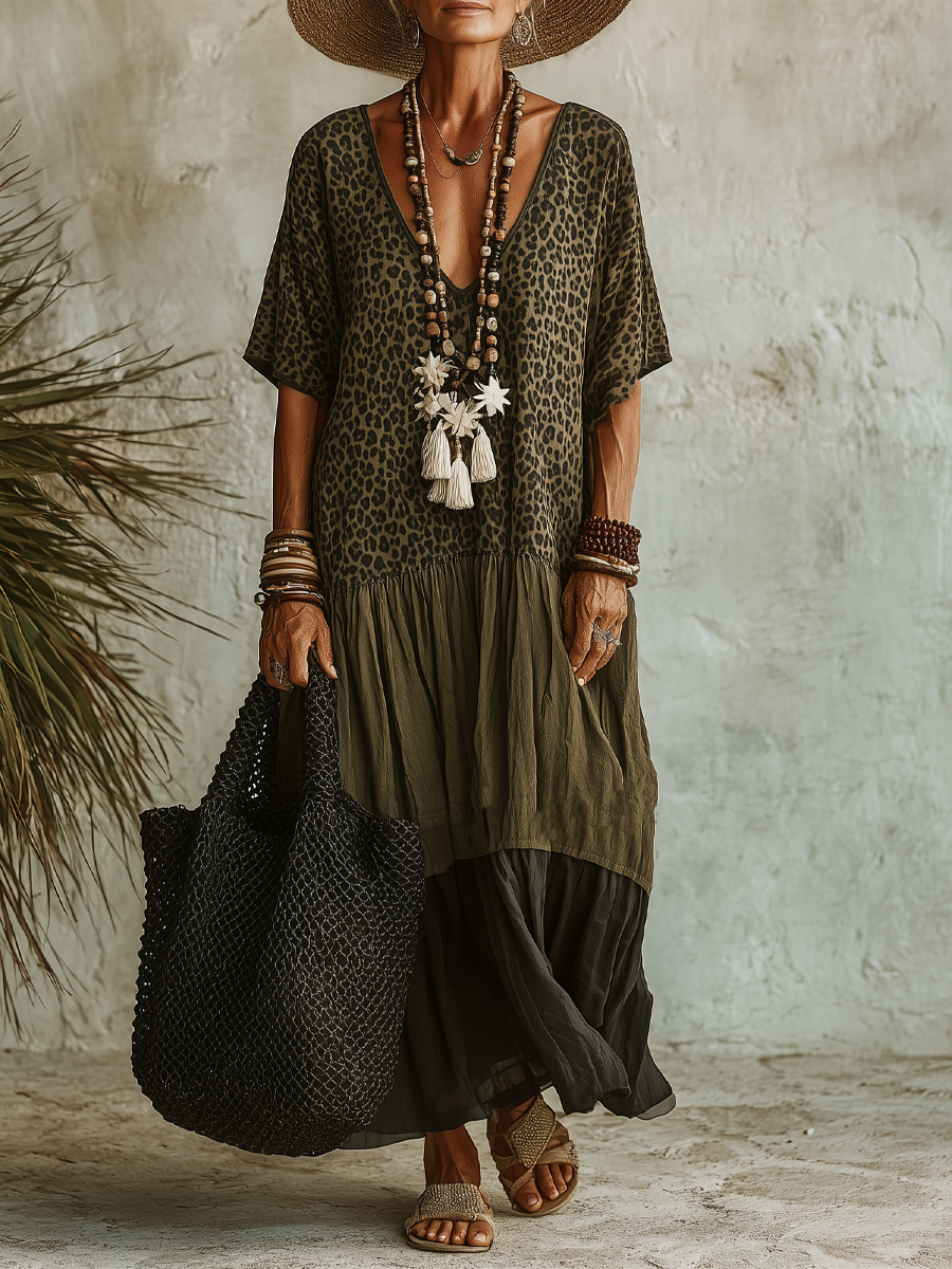 Indira™ | Spliced Leopard Print V-Neck Short-Sleeve Maxi Dress