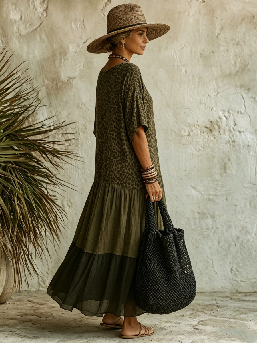 Indira™ | Spliced Leopard Print V-Neck Short-Sleeve Maxi Dress