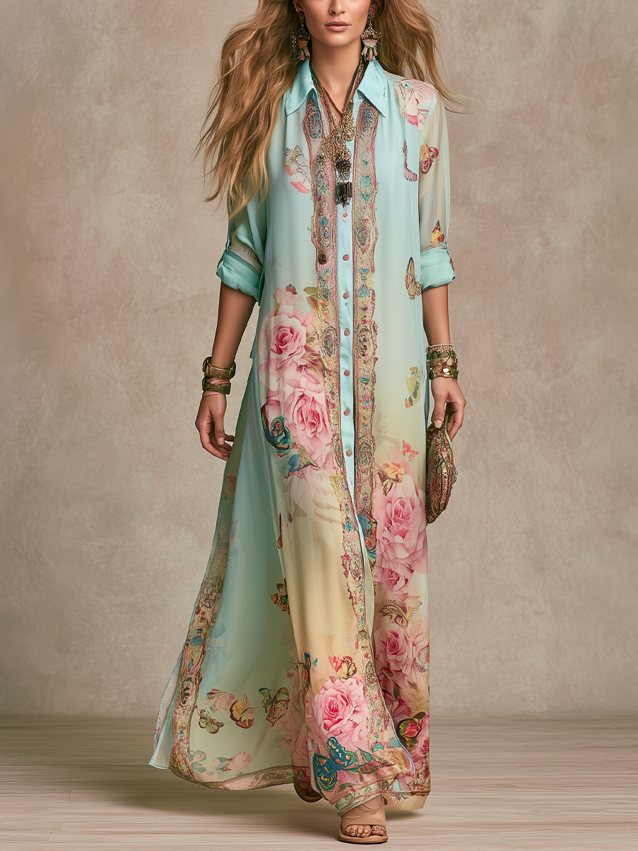 Ottilie™ | Baroque Style Mint Green Floral Maxi Dress