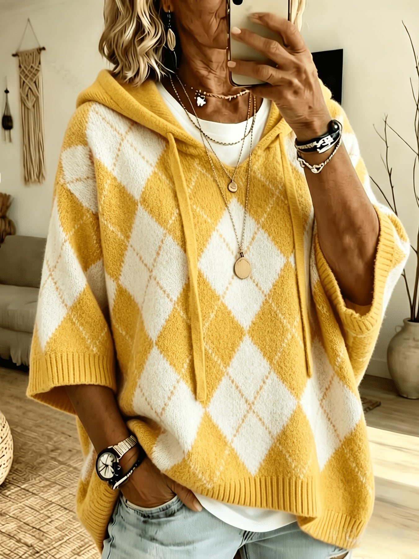 Nadia™ | Retro Diamond Hooded Sweater