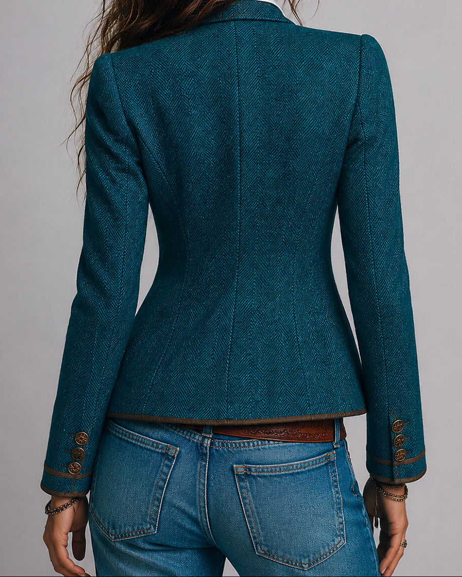 Giselle | Retro Herringbone Tweed Fitted Blazer with Contrast Trim