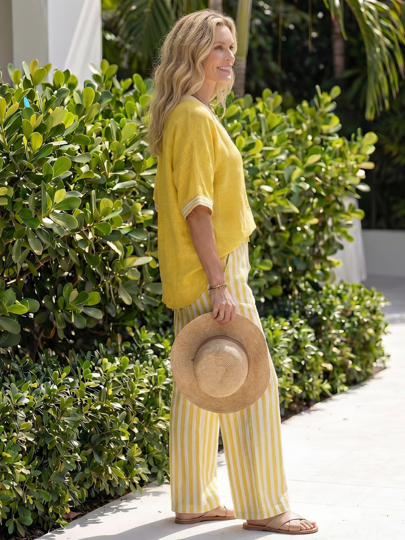 Marisette™ | Contrast V-Neck Tunic & Stripe Trouser Set