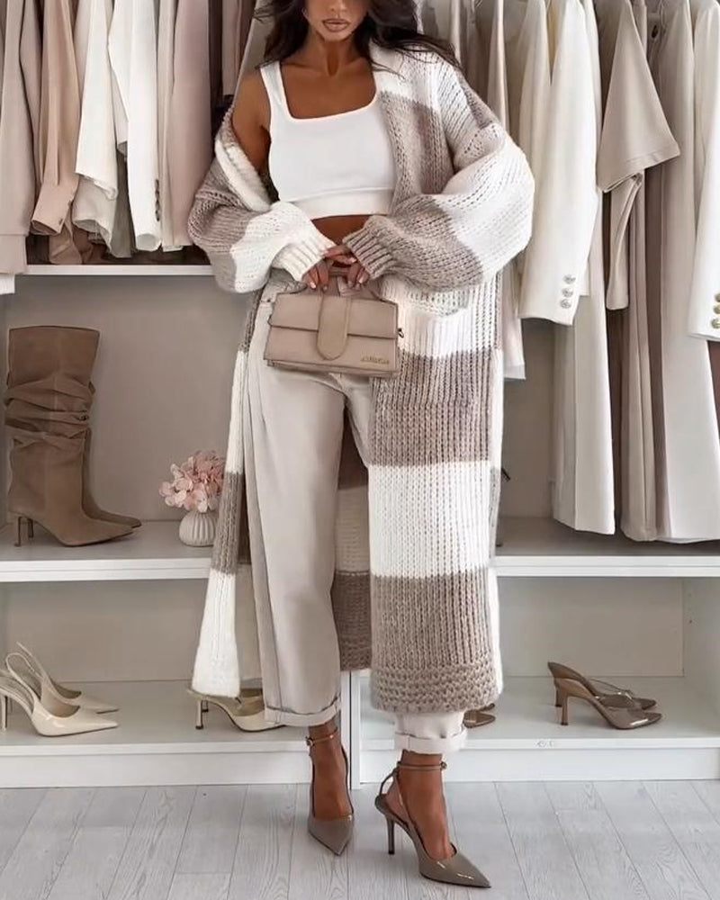 Gracinda™ | Checkerboard Oversized Long Cardigan with Lantern Sleeves & Pockets