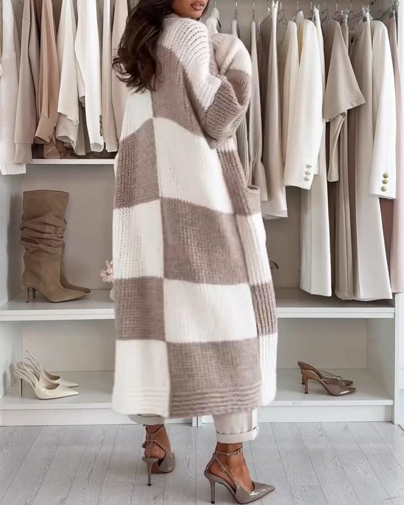 Gracinda™ | Checkerboard Oversized Long Cardigan with Lantern Sleeves & Pockets
