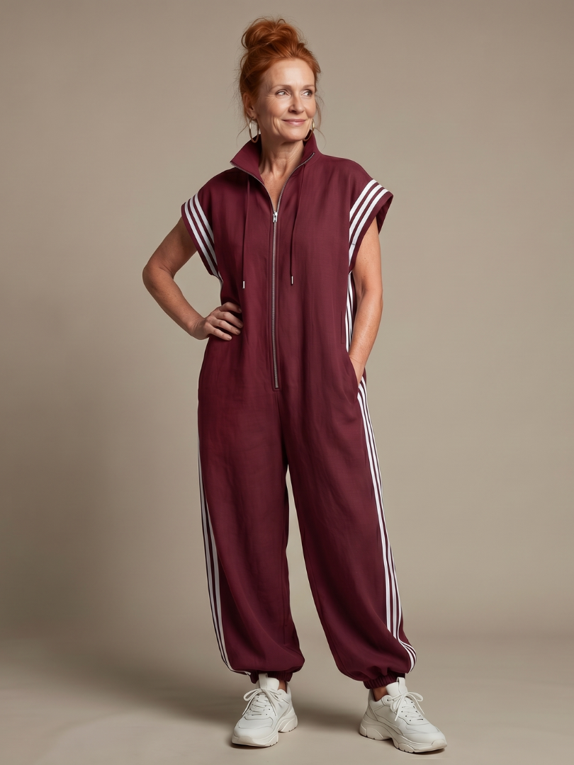 Jivonne™ | Zip Front Stripe Panel Jumpsuit