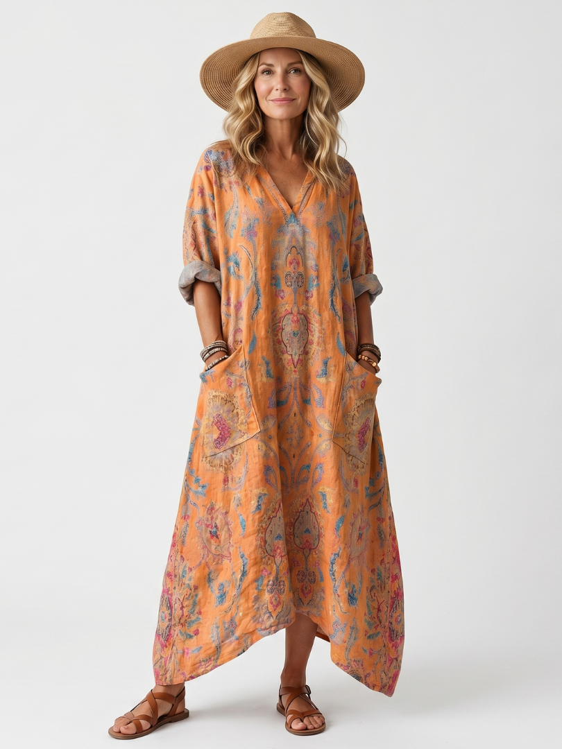 Lavaine™ | Notch Neck Printed Oversized Pocket Midi Dress