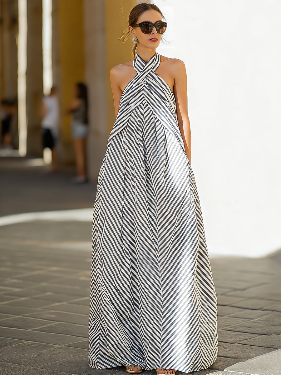Beatrix™ | Striped Halter Maxi Dress with Open Back