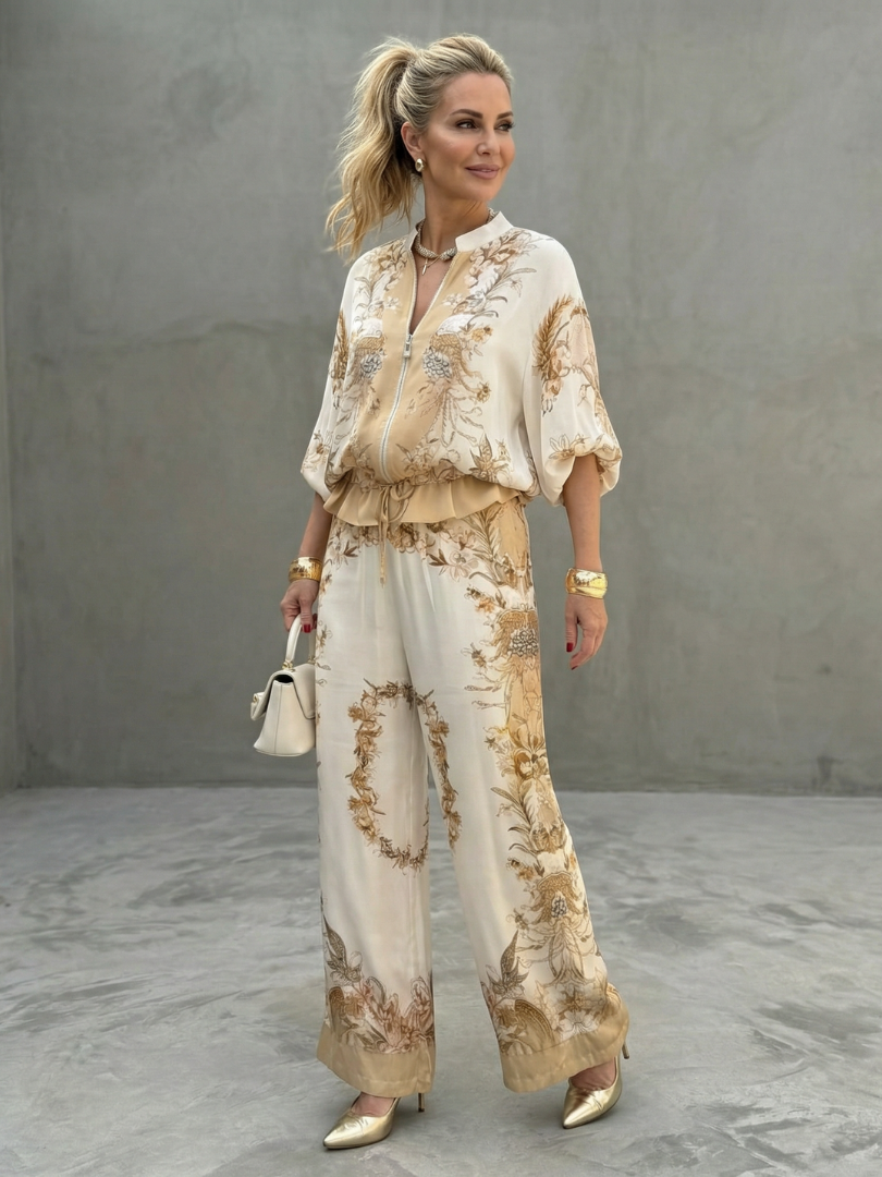 Orveline™ | Zip Front Blouson Top Printed Two Piece Set