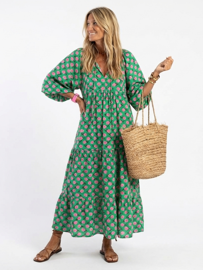 Fleuranne™ | Floral Print V-Neck Tiered Midi Dress