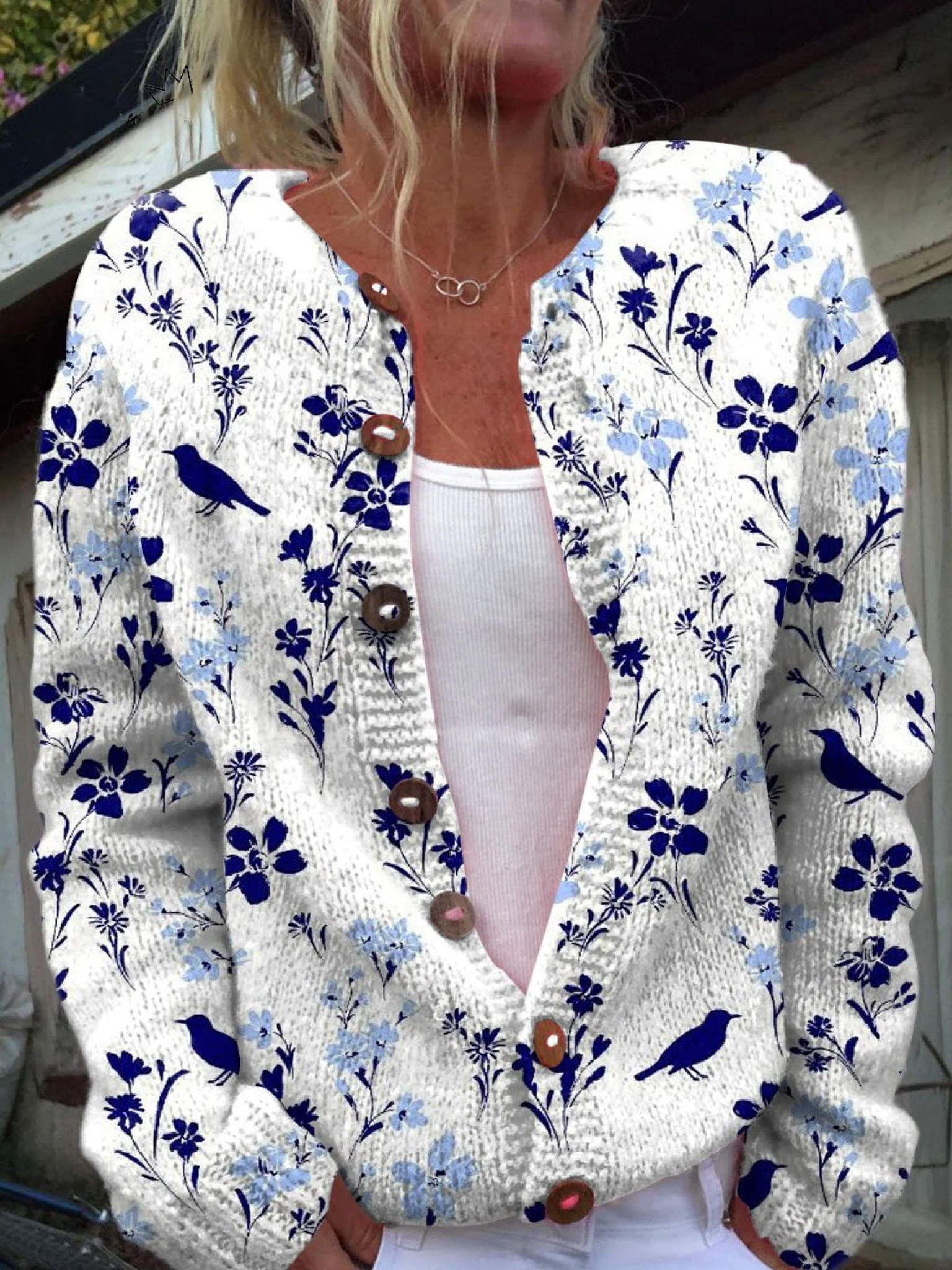Hazel™ | Vintage Floral Bird Print Button-Front Cardigan Sweater