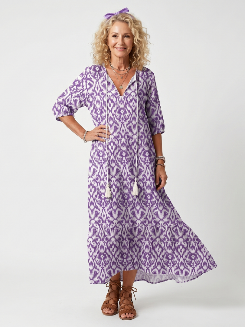 Vantelle™ | Printed Tassel Tie Midi Dress