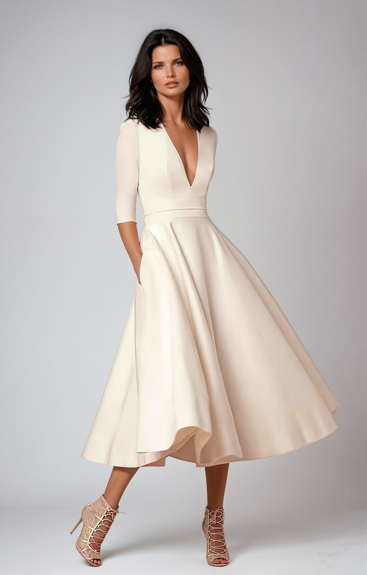 Women's Wedding Guest Elegant Flared Midi Dress