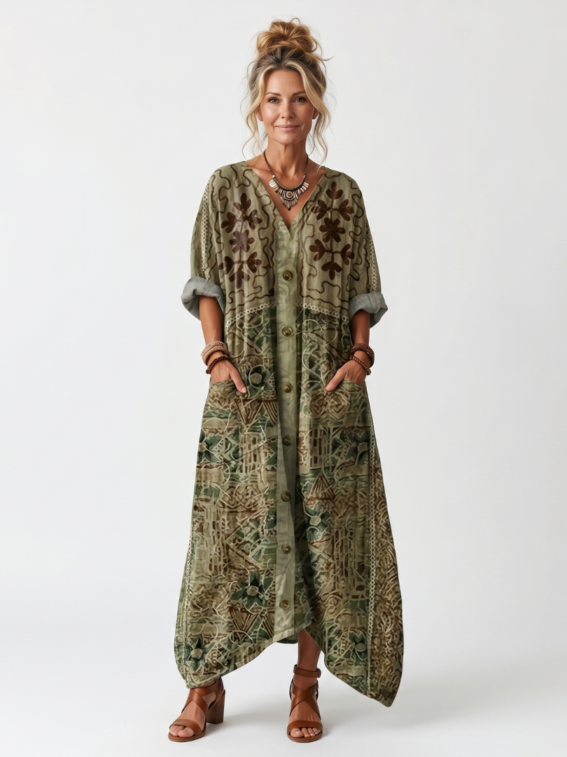 Eulara™ | Oversized Button-Front Midi Dress with Pockets