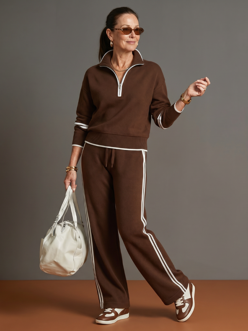 Everly™ | Zip Neck Long Sleeve Side Stripe Pants Set