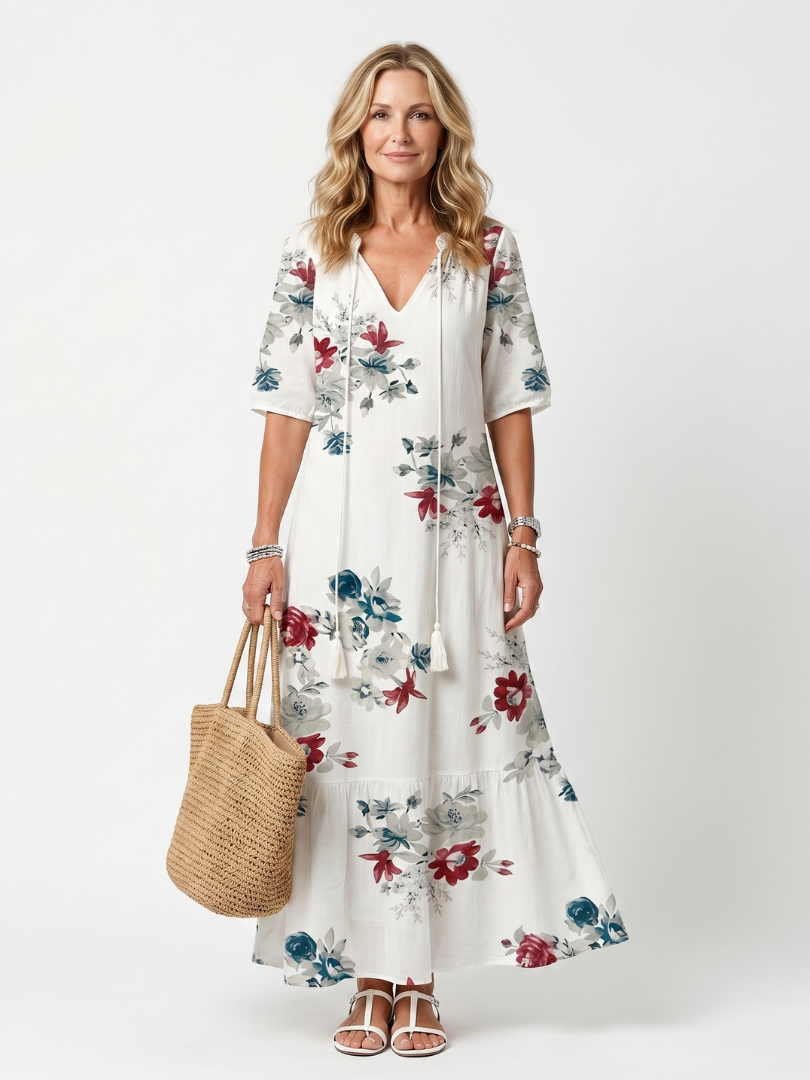 Nivelle™ | Scattered Floral Tassel Tie Midi Dress