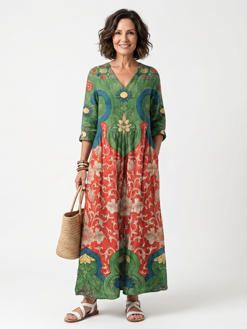 Carmela™ | Mixed Print V-Neck Pocket Midi Dress