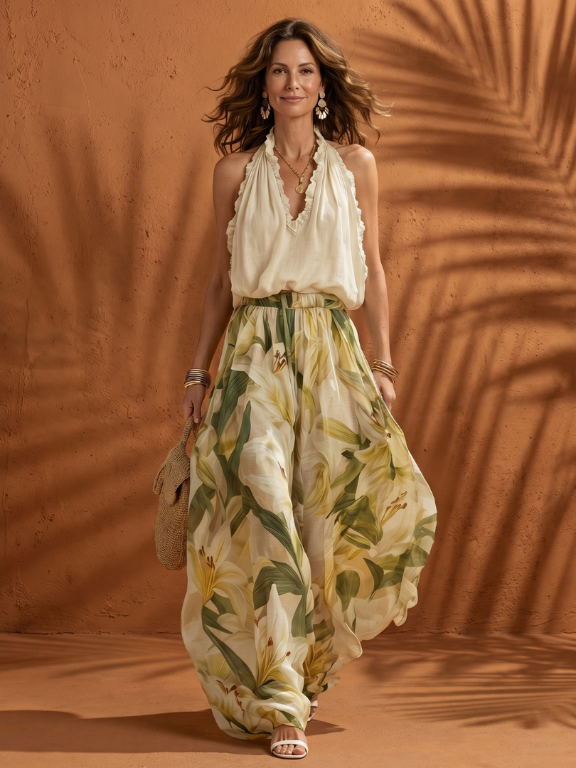 Mariselle™ | Halter Neck Blouse Floral Wide Leg Set
