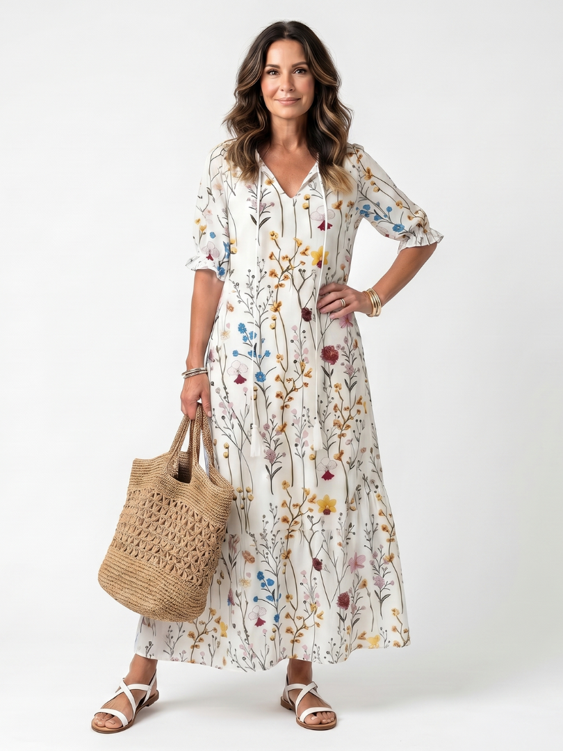 Arienne™ | Botanical Print Tassel Tie Midi Dress