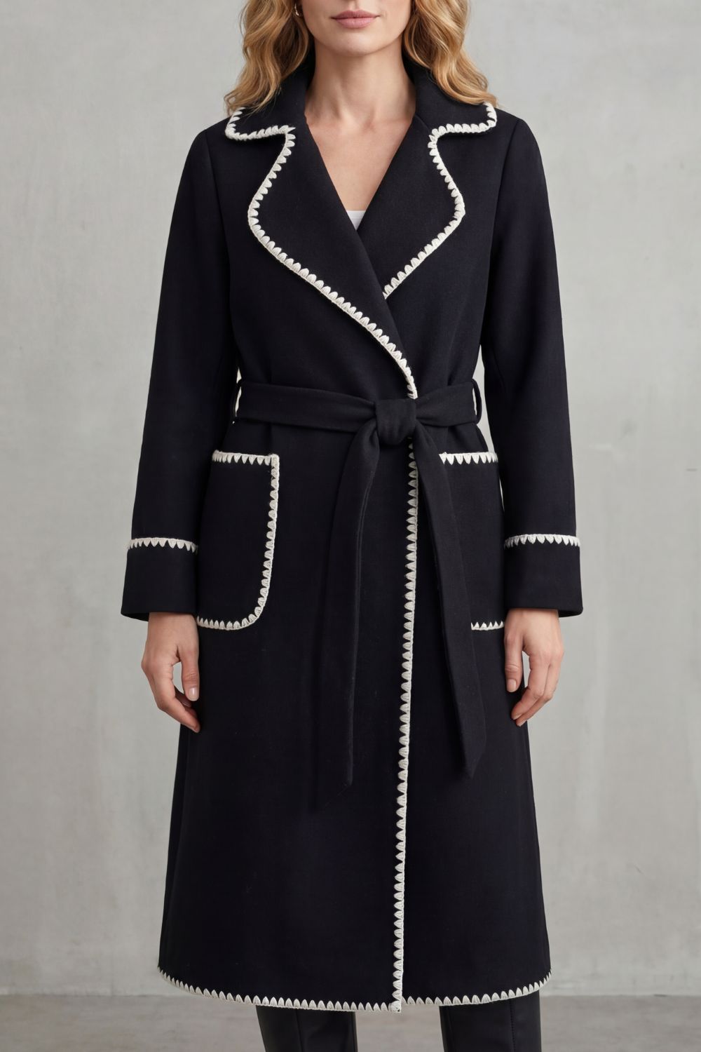 Women's Contrast Trim Longline Belted Coat