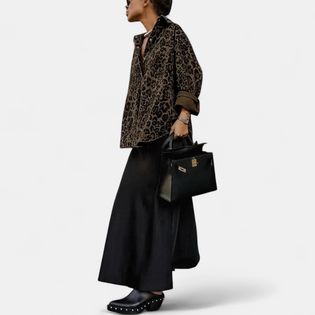 Anouk™ | Vintage Leopard Print Lapel Collar Long Sleeve Blouse