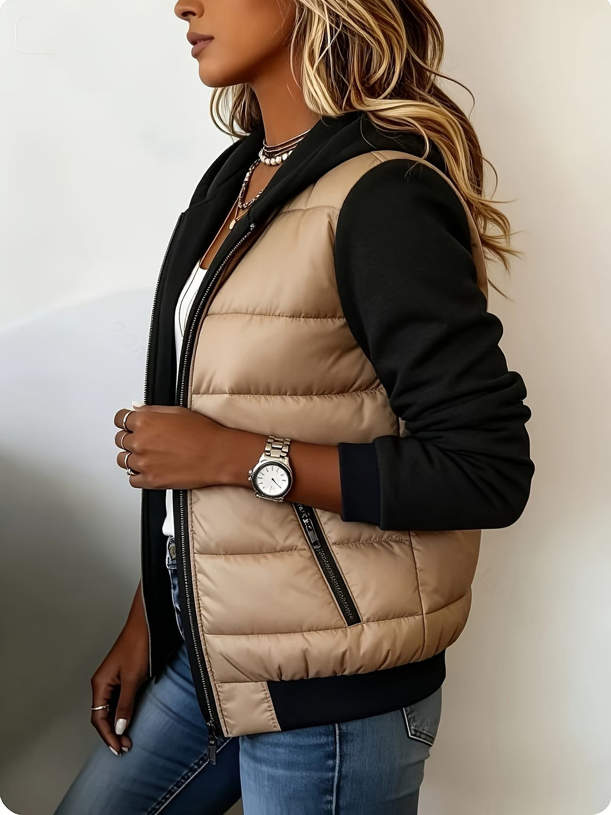 Estrelle™ | Hooded Puffer Jacket with Knit Sleeves