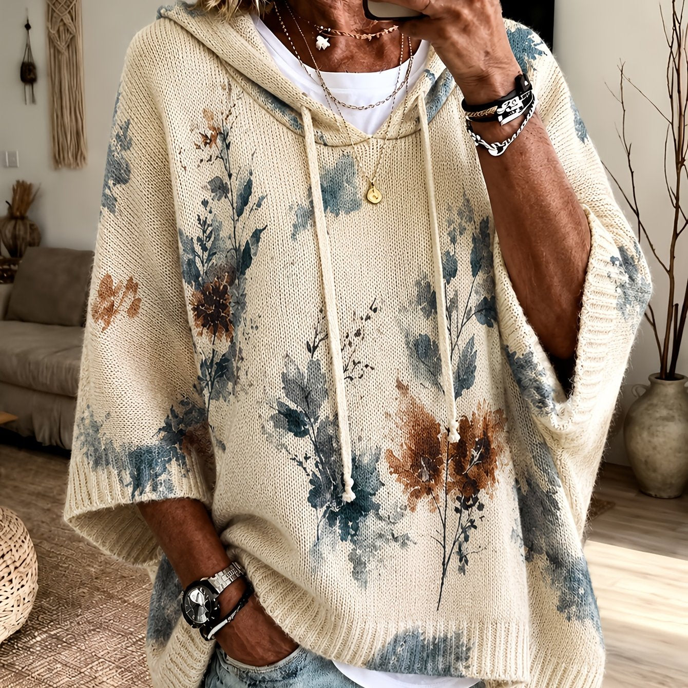 Nadia™ | Floral Hooded Cape Sweater