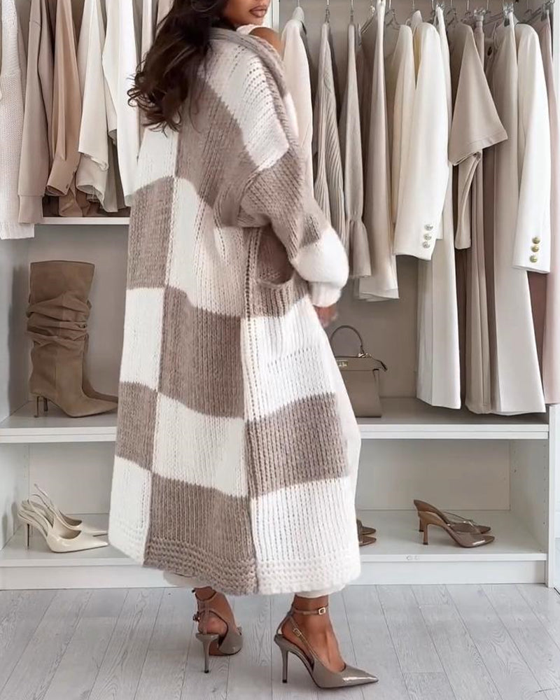Gracinda™ | Checkerboard Oversized Long Cardigan with Lantern Sleeves & Pockets