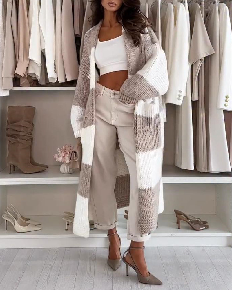 Gracinda™ | Checkerboard Oversized Long Cardigan with Lantern Sleeves & Pockets