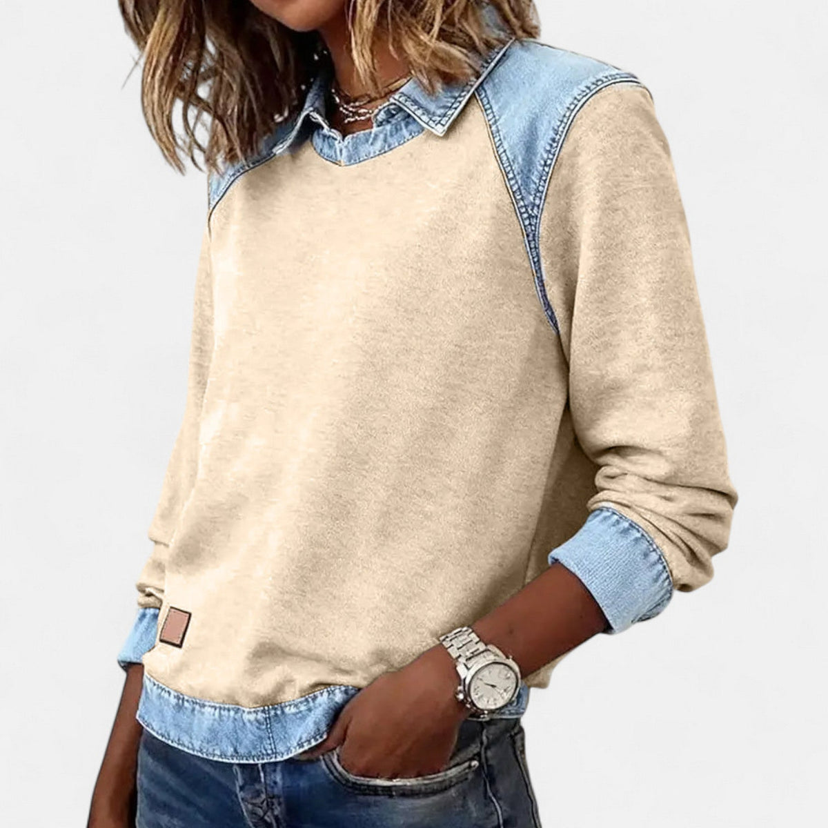 Ruth | Women's Denim Patchwork Collared Sweatshirt