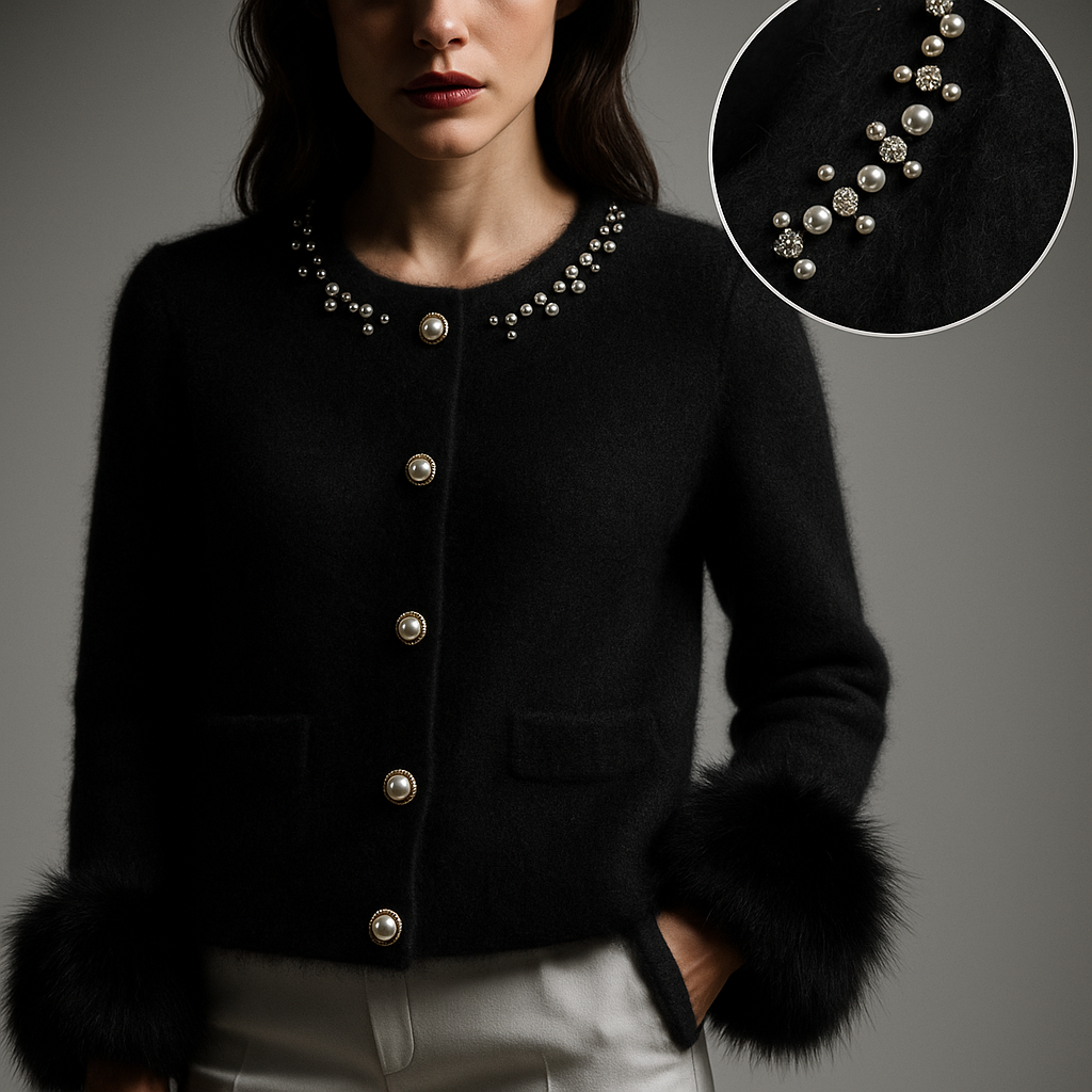 Mirabel™ | Pearl-Embellished Cardigan with Fur Cuffs