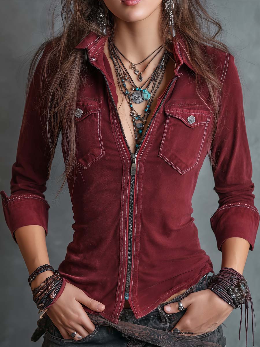 Kendra™ | Vintage Zip-Up Collar Flap Pocket Distressed Shirt