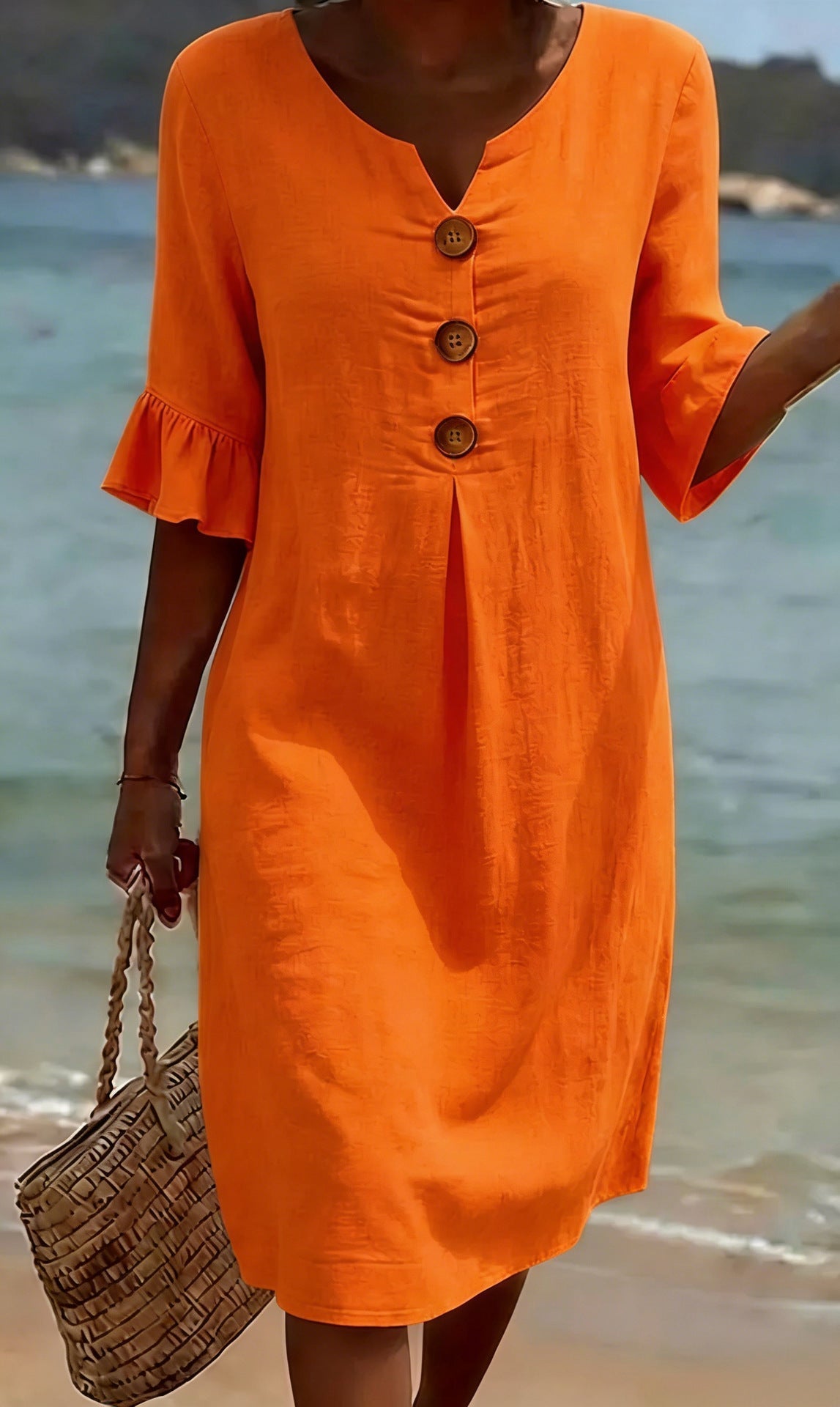 Eirene™ | Casual V-Neck Button-Front Dress with Ruffle Sleeves