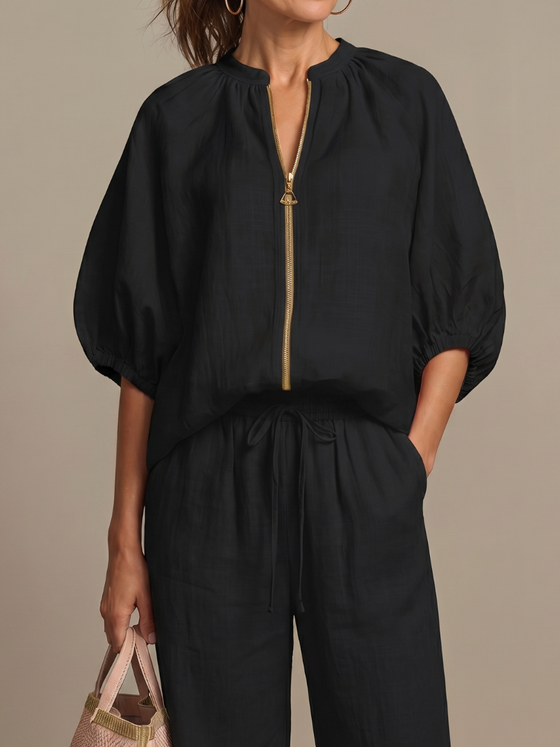 Noelle™ | Zip Front Blouson Top Wide Leg Set